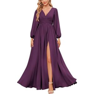 KURFACE Bruidsmeisjesjurken met lange mouwen en split geplooide chiffon formele jurk met mouwen formele jurk, Pruim, 32