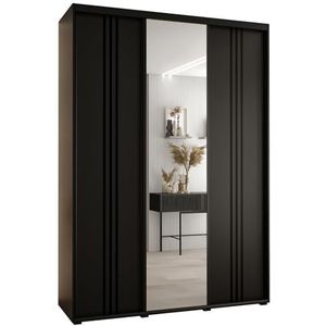 MEBLE KRYSPOL Cannes 7 Moderne Kledingkast met 3 Schuifdeuren met Kledingroede, Planken en Spiegel - Opbergkast voor Slaapkamer, Woonkamer - 205,2x180x45 cm - Zwart Zwart Zwart