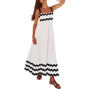 Dames zomer maxi-jurk casual boho mouwloze spaghettibandjes gesmokte lange strandzonjurken(Color:White Black B,Size:Medium)