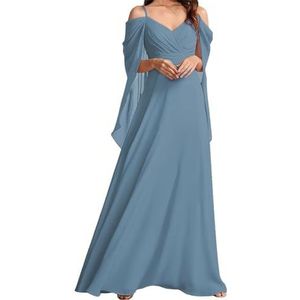 AHERKLL Koude Schouder Bruidsmeisjes Jurken voor Bruiloft Spaghetti Band Chiffon Formele Avond Party Maxi Jurk Lange HAH049, Dusty Blauw, 32