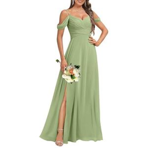 HPPEE Dames koude schouder V-hals chiffon bruidsmeisjes jurken met split geplooide formele jurk avondjurk, Stoffige Salie, 32