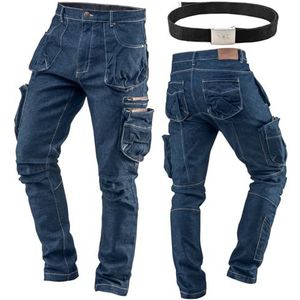 NEO TOOLS Denim werkbroek voor heren met riem, duurzame en universele werkbroek met meerdere zakken, stretch, Donkerblauw, 46