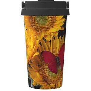 EdWal Gele zonnebloemen met rode vlinderprint geïsoleerde koffiekop beker, herbruikbare koffie reismok voor warm houden/ijs koffie thee bier