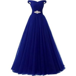 Dames A-lijn tule gala formele avond quinceanera jurk baljurk kralen riem plus size, koningsblauw, 48 grote maten