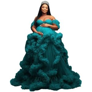 Off-shoulder geplooide moederschap tule gewaad voor fotoshoot zwangere ochtendjas pure lingerie nachthemd AH155, Turkoois, 54 grote maten