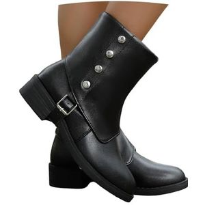 Western Cowboylaarzen For Dames Met Klinknagels 2025 Nieuwe Retro Enkellaarsjes Met Blokhak Herfst Winter Ankle Boots PU Leren Bikerlaarsjes Dames Casual Brede Buis Instapschoenen(Black,43 EU)