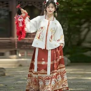 INSTR Warme Hanfu Jurk Vrouwen Chinese Traditionele Borduurwerk Hanfu Rood Geel Wit Sets Vrouwelijke Kerst Nieuwjaar Kostuum