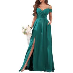 Dames chiffon bruidsmeisjes jurken met split lange galajurken ruches cocktailjurk plus size, Groen, 32