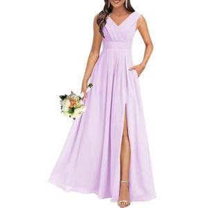 Chiffon bruidsmeisjesjurken voor dames, voor bruiloft, met split, cocktailjurk, avondjurk, baljurk, grote maten, Lila, 32