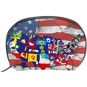Onafhankelijkheidsdag, Amerikaanse vlag op blauwe make-uptas, kleine cosmetische reistas, toilettas met ritssluiting, halve cirkel schelp, cosmetische etui voor meisjes en vrouwen, Veelkleurig #13, 19x5.5x13cm/7.5x2.2x5in