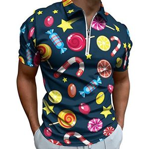 Candies And Lollipops Poloshirt voor heren, met ritssluiting, casual korte mouwen, golftop, klassieke pasvorm, tennisshirt