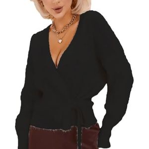 Oversized V-hals Trui for Dames, Gebreide Top Van Wolmix Met Wikkelriem en Cropped Zoom(Black,XL)