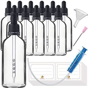 HandsUnity 100ml-12st Pipet Glazen Fles - Helder Glas Apotheek Pot set met Zwarte Pipet Dop bevat 29st Hulp Accessoires Transparante Glazen Flessen