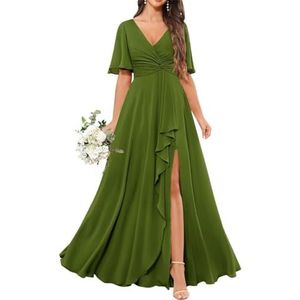 Chiffon bruidsmeisjesjurken voor dames, met spleetplooien, formele avondjurken, grote maten, Olijfgroen, 32