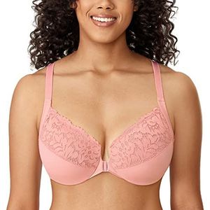 DELIMIRA Women's Front Closure Plus Size Full Coverage Lace Underwire Racerback Bra Rose Tan 90C