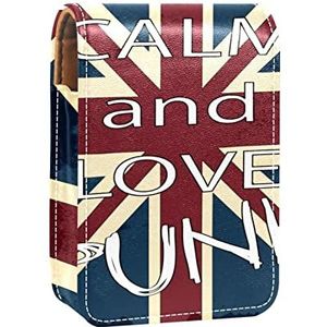 Britse vlag Keep Calm and Love draagbare lippenstift case voor reizen, mini lippenstift opbergdoos met spiegel voor vrouwen dames, lederen cosmetische etui, Meerkleurig, 9.5x2x7 cm/3.7x0.8x2.7 in
