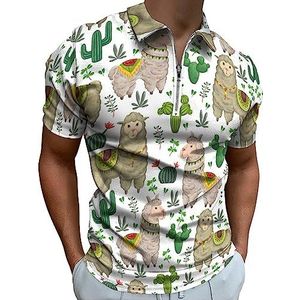 Lama Poloshirt met dierenprint en bloemen voor heren, casual T-shirts met ritssluiting en kraag, golftops, slim fit
