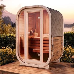 FinnTherm vatsauna Elipso, moderne outdoor sauna incl. dakbedekking, compact, kleine tuinsauna met glazen front, buitensauna: B 136 x D 119 x H 203 cm, 2 personen, 42 mm wanddikte