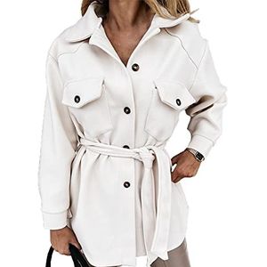 HUAJIA Dames jas lange mouw flap zakken warme wollen jas stijlvol beige XL