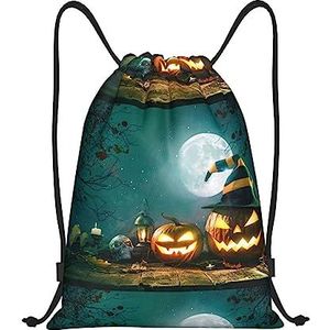 Ousika Pompoen Halloween Gedrukte Trekkoord Rugzak Bag Waterbestendig Lichtgewicht Gym Sackpack voor Wandelen, Zwart, Small