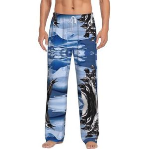 Pinguïn Print Mannen Lange Lounge Wear Broek Nachtkleding Pyjama Bodems Nachtkleding Met Zakken En Trekkoord, Wit, S