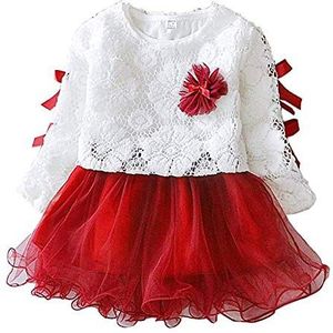 Long Sleeve Lace Princess Dress, Sweet Bow Two-piece Suit Spring and Autumn Wearable for Kindergarten Home Ceremony Birthday Wedding Party and Daily Use[70-red]