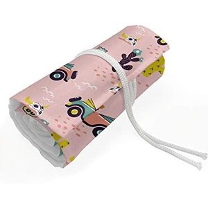 ABAKUHAUS Tekenfilm Etui met Rolomslag voor Pennen, Route 66 Honden Driving Cars, Duurzame & Draagbare Potloodetui, 72 Vakjes, Rose Multicolor