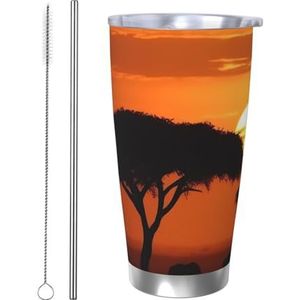 FHEBNDS 20oz beker met deksel en rietje, roestvrij staal geïsoleerde koffiemok, dubbelwandige vacuüm reizen thermische bekers zonsondergang Afrikaanse savanne reismok lekvrije auto beker geschenken