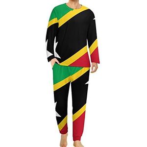 Saint Kitts en Nevis vlag comfortabele heren pyjama set ronde hals lange mouwen loungewear met zakken 5XL