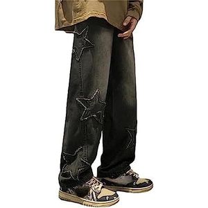 MuziZy Dames Vintage Star Patchwork Y2K Baggy Jeans Hoge Taille Rechte Been Broek Emo Grunge Denim Broek met zakken, Zwart, L