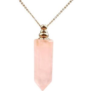 Classic Women Amethyst Prism Point Perfume Bottle Pendant Necklace Gold Plated Essential Diffuser Jewelry (Color : Pink Quartz)