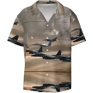 OdDdot Jet Fighter Print Button Down Shirt voor heren, korte mouwen, casual shirt voor heren, zomer, zakelijk, casual overhemd, Zwart, L
