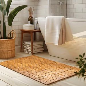 casa pura Badmatten en badmatten van bamboehout, 60 x 90 cm, 8 mm dik, bamboemat, antislip en wasbaar, antislipmat voor badkuip, douche en sauna (natuur, Mia)