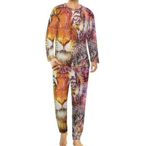 Vintage Tiger Head in Space Comfortabele heren pyjama set ronde hals lange mouwen loungewear met zakken 2XL