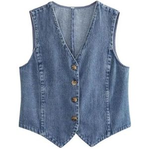 OutFyt Dames Denim Gilet Mouwloos V Hals Enkele Rij Knopen Blazer Kantoorvest Een Button Down Vest Denim Spijkerjasje Vintage Zomer Crop Tops Plus Size,Vest,L