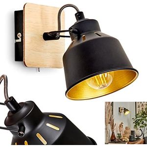 Wandlamp Safari, wandlamp van metaal/hout in zwart/chroom/goud/lichtbruin, verstelbare lamp, retro/vintage design, lichteffect en aan-/uitschakelaar op de behuizing, 1-lamp, E14, zonder gloeilamp
