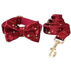 Gepersonaliseerde halsband Kerst Rood Fluwelen Vlinderdas Pet Collar en Leash Set met Golden Stars Festival Hond Sterke bescherming veilige dierenriem (Kleur: Rood, Maat: XL hals 37-60cm)