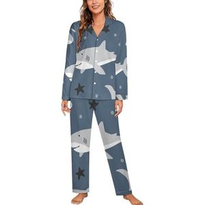 Grappige Baby Haaien Vrouwen Lange Mouw Button Down Nachtkleding Zachte Nachtkleding Lounge Pyjama Set XL
