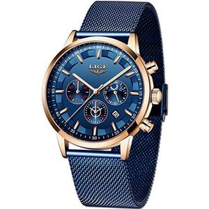 LIGE Herenhorloge, militaire chronograaf, waterdicht, analoog polshorloge, goud, zwart, grote wijzerplaat, lichtgevende datumhorloges voor mannen, klassiek elegant cadeau, goudblauw, Riemen.