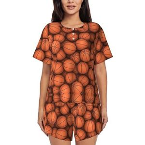 RIVETECH Basketbal oranje print dames pyjama set korte mouwen - comfortabele korte sets, mouwen nachtkleding met zakken, Zwart, S