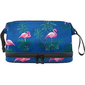 Flamingo Make-uptas met dubbele laag voor vrouwen en meisjes, grote make-uptassen voor op reis, toilettas, make-up-organizer met draaggreep, Veelkleurig #01, 27x15x14 cm/10.6x5.9x5.5 in, Schoonheid Case