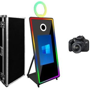 Magic Mirror Fotocabine met 32 inch touchscreen, spiegelfotocabine touchscreen met LED-frame en RGB-lichtring, 65 inch selfie-fotocabine voor verhuur van feestevenementen (65 inch zwart+camera)