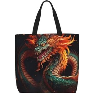 Chinese Dragon Tote Bag Voor Vrouwen Waterdichte Casual Schoudertas Met Rits Kruidenier Handtassen Voor Kantoor Winkelen Reizen, Zwart, One Size