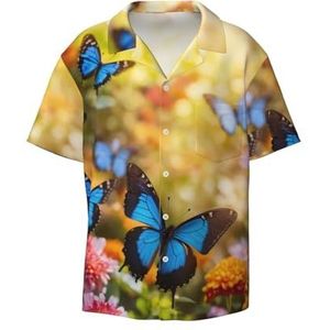 EdWal Blauwe vlinder en bloemen print heren korte mouw button down shirts casual losse pasvorm zomer strand shirts heren jurk shirts, Zwart, 4XL
