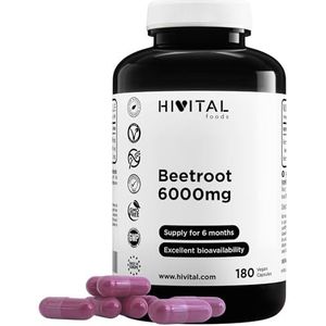 Rode Biet 6000 mg. 180 veganistische capsules voor 6 maanden behandeling. Natuurlijk bietenextract. Stikstofoxide booster. Gefabriceerd in Europa door HIVITAL