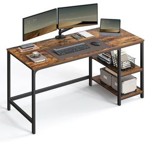 VASAGLE LWD55X Bureau, computertafel, pc-tafel, met 2 planken aan de rechter- of linkerkant, voor kantoor of woonkamer, stalen frame, industrieel design, vintage bruin-zwart