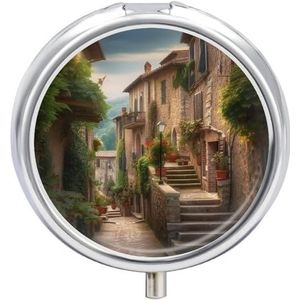 Ronde pillendoos,Italië Toscaanse bedrukte pil bevat,Retro kleine pillenzaak,Reispillendoos, Draagbare medicijndoos met compartiment medicijnkoffer