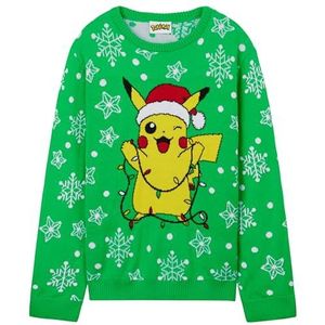 Pokemon Gebreide kersttrui voor jongens, gezellige kersttrui - cadeaus voor jongens, Groen/Geel, 9-10 jaar