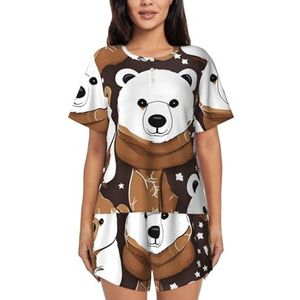 Witte beer bruine beer dames ronde hals korte mouw pyjama set, stijlvolle comfortabele hortmouw shorts set, Zwart, S