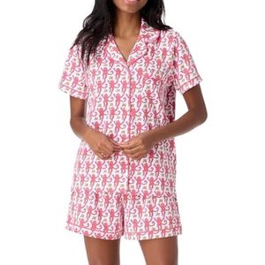Dames pyjamaset 2-delige button down apen shorts set en konijn preppy loungewear pyjama's(Pink,XS)